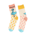 Lifestyle shot of Pigeon Pretty Please socks on a model's feet, showcasing how they look when worn.