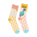 Pair of cream crew socks with pastel pink and yellow polka dots, a blue pigeon illustration, and the phrase 'Pretty Please?'