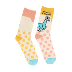 Pair of cream crew socks with pastel pink and yellow polka dots, a blue pigeon illustration, and the phrase 'Pretty Please?'