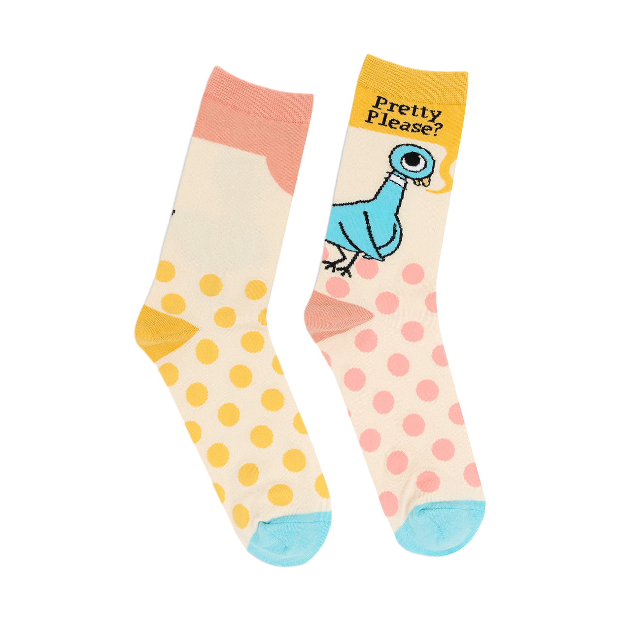 Pair of cream crew socks with pastel pink and yellow polka dots, a blue pigeon illustration, and the phrase 'Pretty Please?'