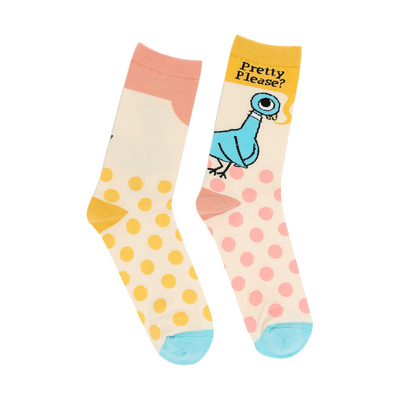 Pair of cream crew socks with pastel pink and yellow polka dots, a blue pigeon illustration, and the phrase 'Pretty Please?'