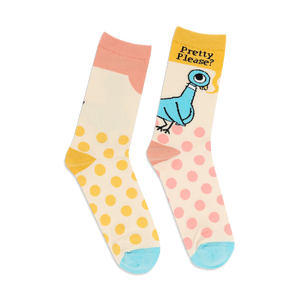 Pair of cream crew socks with pastel pink and yellow polka dots, a blue pigeon illustration, and the phrase 'Pretty Please?'