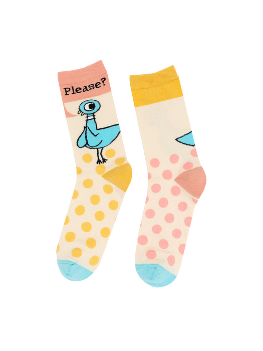 Flat lay image of Pigeon Pretty Please socks, highlighting the sock design and color palette.