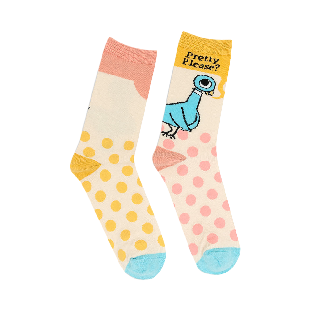 Close-up detail shot of the Pigeon Pretty Please socks, focusing on the intricate design and soft texture.