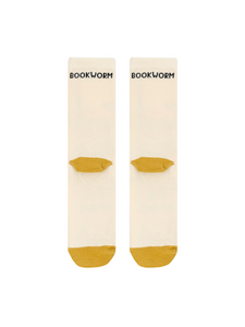 Close-up view of the Bookworm socks showing the mustard yellow heel and toe detail and the subtle 'Bookworm' text on the socks.
