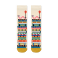 Cream crew socks with a whimsical design of colorful book stacks and pink worms holding balloons.