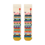 Cream crew socks with a whimsical design of colorful book stacks and pink worms holding balloons.