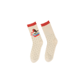 Lifestyle product shot showcasing a pair of cream socks with a robin design.
