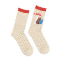 Cream crew socks with red accents. One sock features a mouse reading under a mushroom; the other is a repeating pattern.
