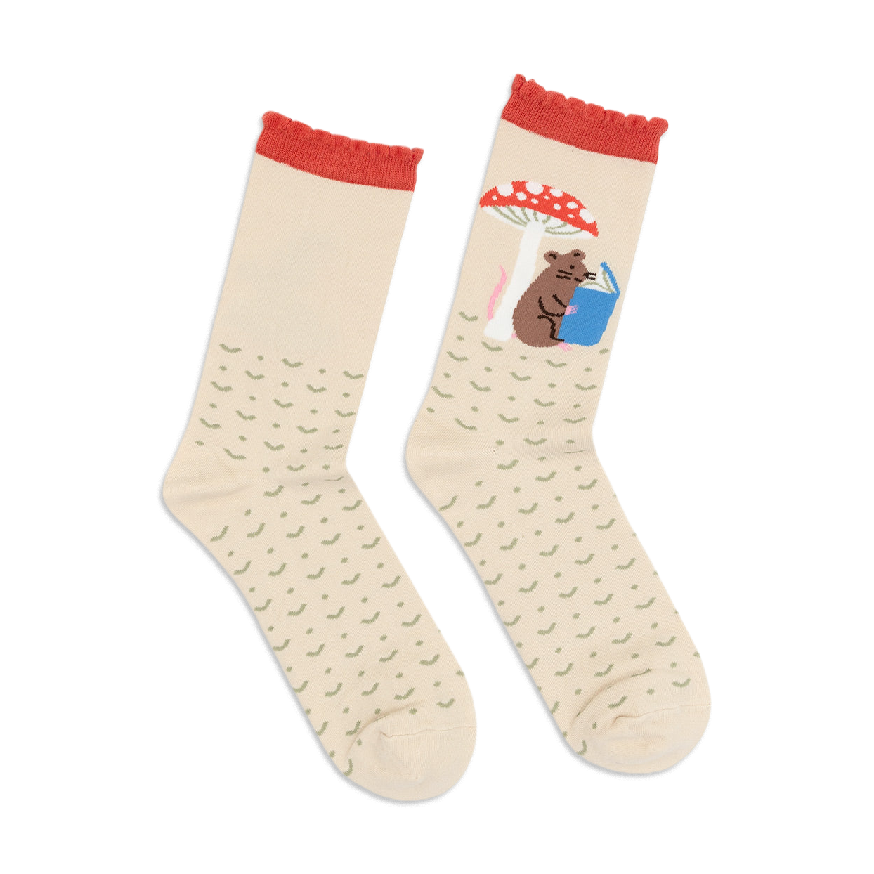 Cream crew socks with red accents. One sock features a mouse reading under a mushroom; the other is a repeating pattern.