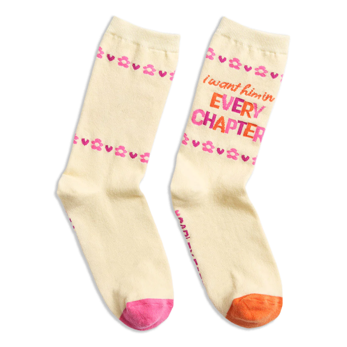 Beige with pink and orange accents. Pink flowers and hearts around the phrase 'I want him in every chapter'