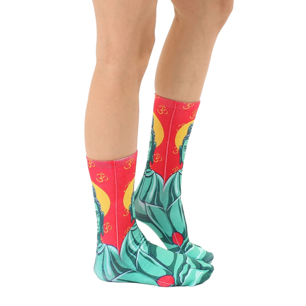 Side view of Buddha socks on a person's legs, showcasing the sock's design and fit. [lf]