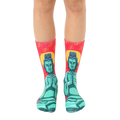 Pair of crew socks featuring a teal Buddha image on a red background with Om symbols. [lf]