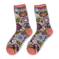 Pair of sheer mesh socks on a black background featuring colorful floral embroidery and solid dusty rose cuffs and toes
