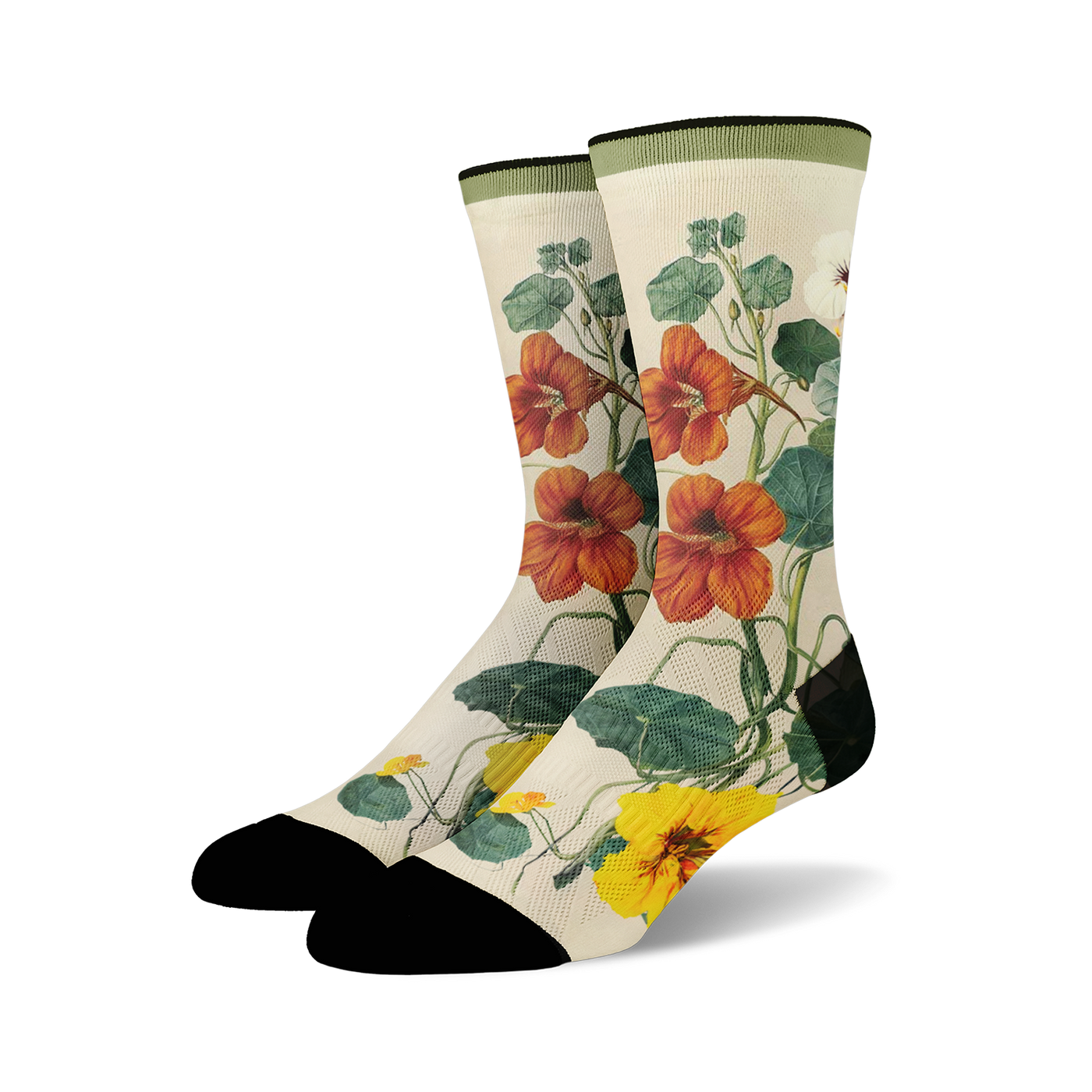 Pair of crew socks with a botanical print.  Features orange and yellow nasturtium flowers and green leaves on a cream background. Black toe and heel.
