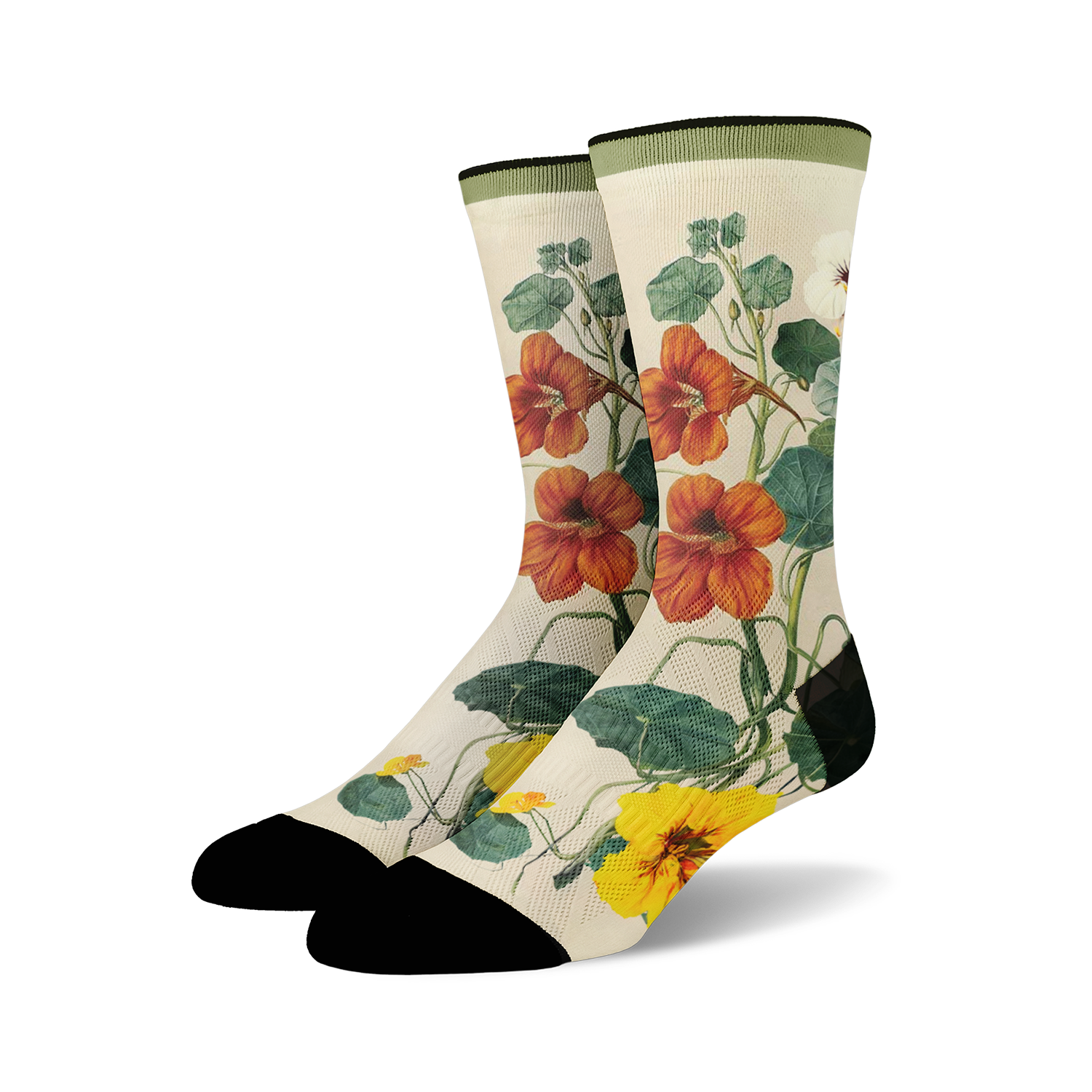 Pair of crew socks with a botanical print.  Features orange and yellow nasturtium flowers and green leaves on a cream background. Black toe and heel.