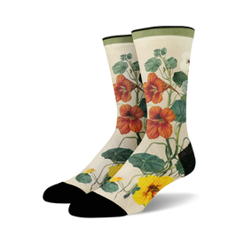 crew socks with a pattern of orange, yellow, and red nasturtium flowers with green leaves for men and women.  
