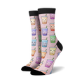 Crew socks with a pink background featuring a repeating pattern of cute cartoon boba tea cups in various pastel colors.