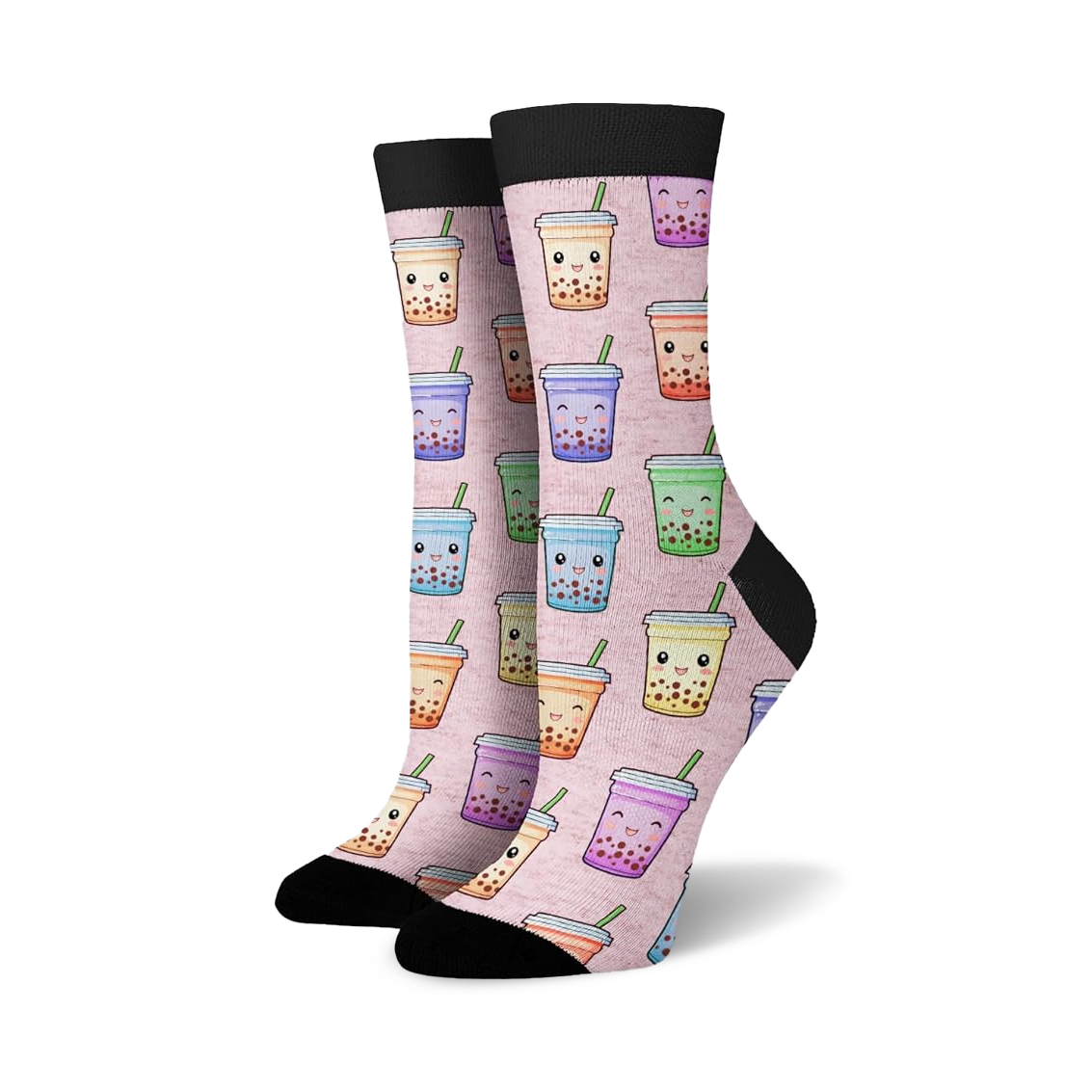 Crew socks with a pink background featuring a repeating pattern of cute cartoon boba tea cups in various pastel colors.