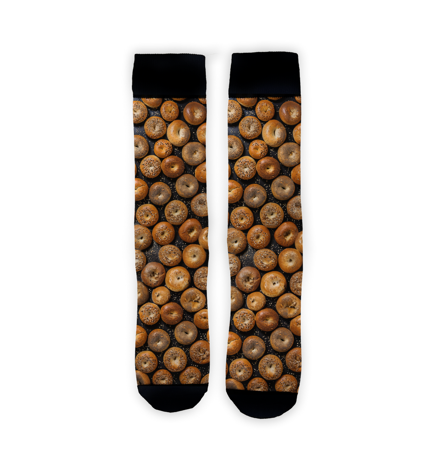 Flatlay product shot of two Bagels 360 socks against a white background. The socks are positioned vertically, showing the full bagel print.