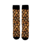 Flatlay product shot of two Bagels 360 socks against a white background. The socks are positioned vertically, showing the full bagel print.