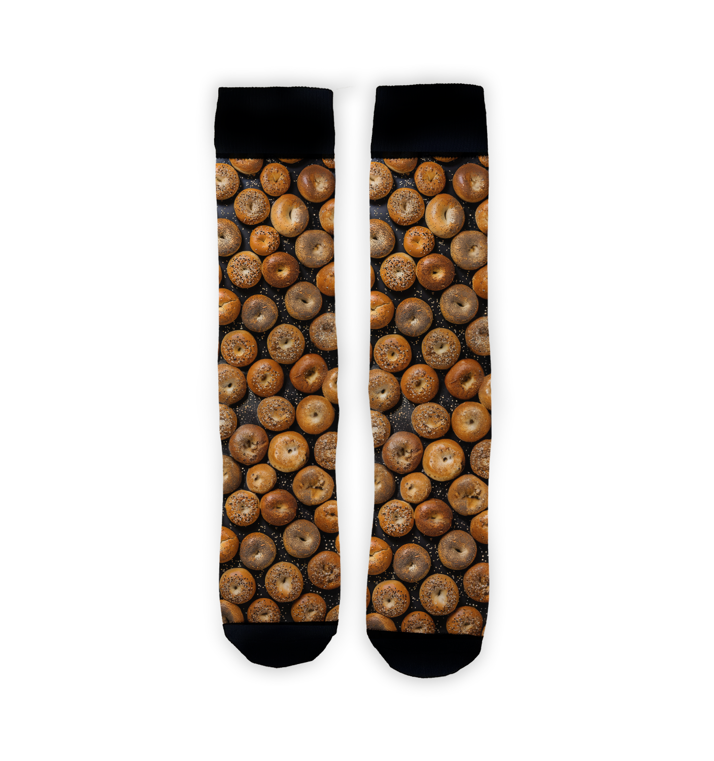 Flatlay product shot of two Bagels 360 socks against a white background. The socks are positioned vertically, showing the full bagel print.