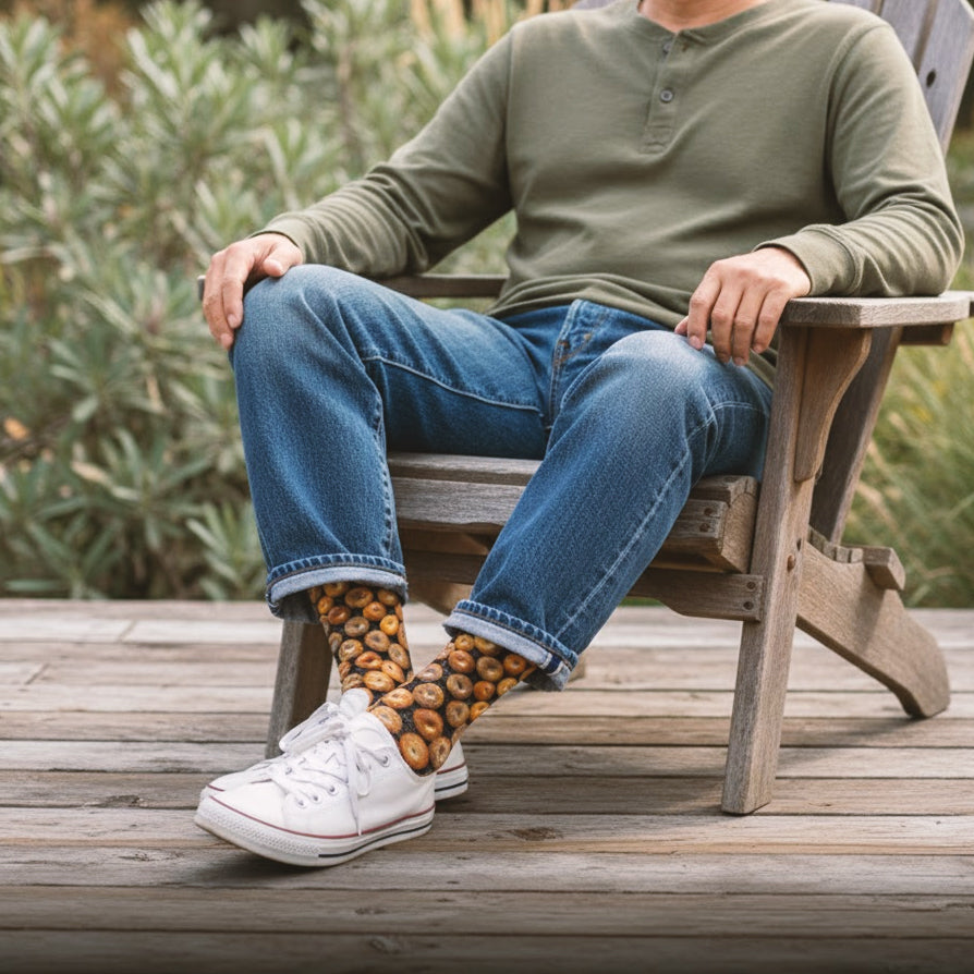 Man wearing bagel print crew socks with white sneakers & cuffed jeans outdoors. [lf]