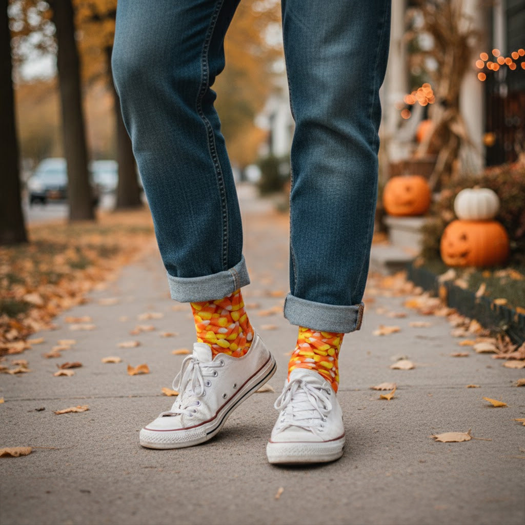 Model wearing candy corn crew socks with cuffed jeans & white sneakers on an autumn sidewalk. [lf]