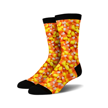 candy corn crew socks: sweeten your style with realistic candy corn pattern, crew length, perfect for fall fashion and candy lovers.  