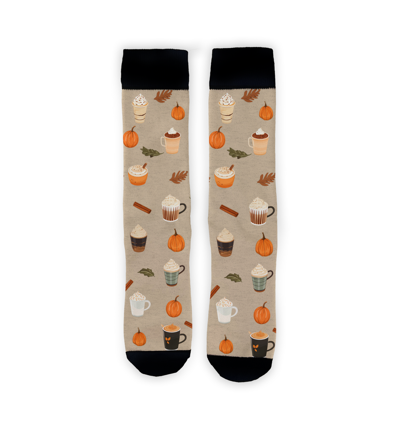 Flat lay of two Pumpkin Spice Latte socks against a neutral background.
