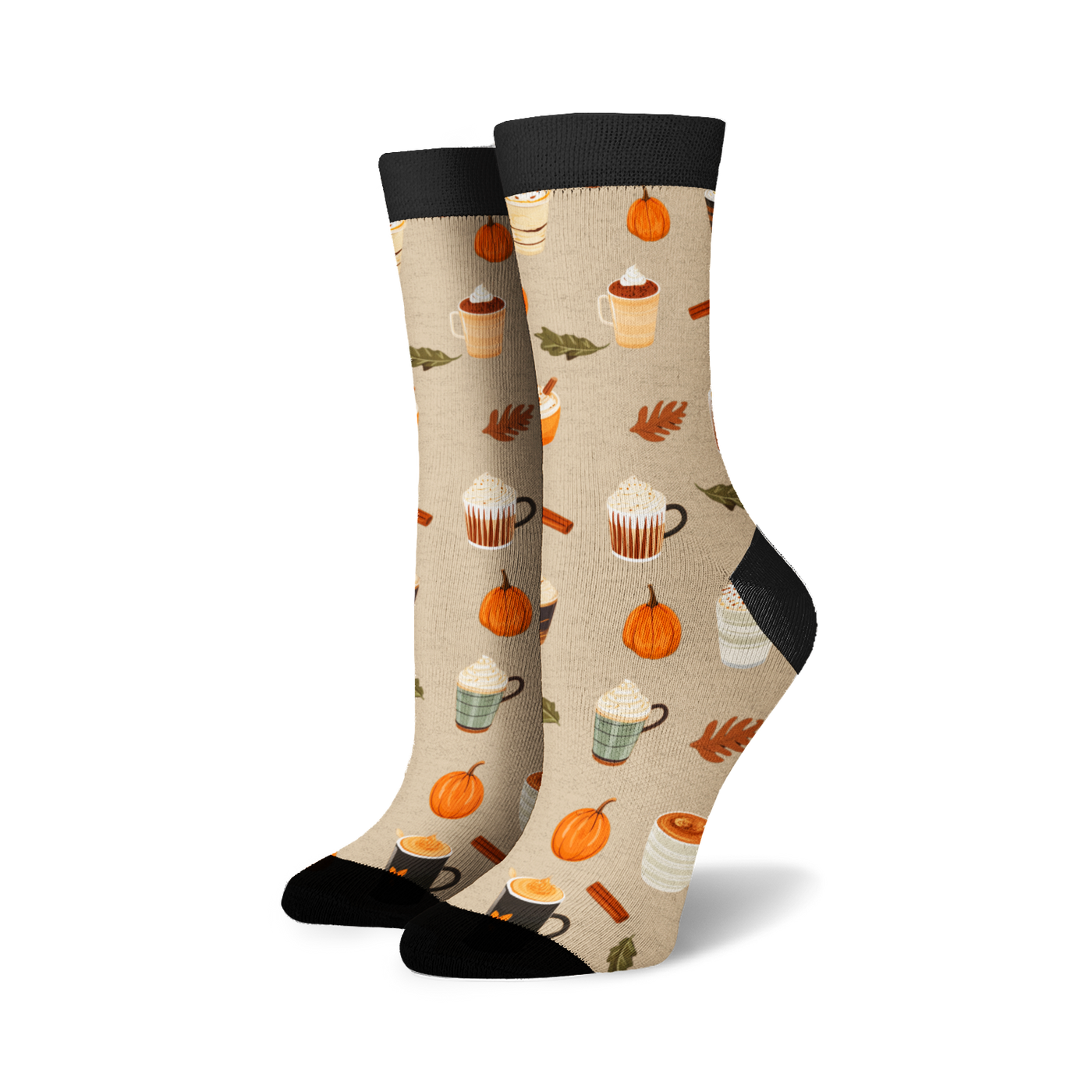 Pair of cream crew socks with a repeating pattern of pumpkins, coffee cups, and cinnamon sticks. Black cuffs.