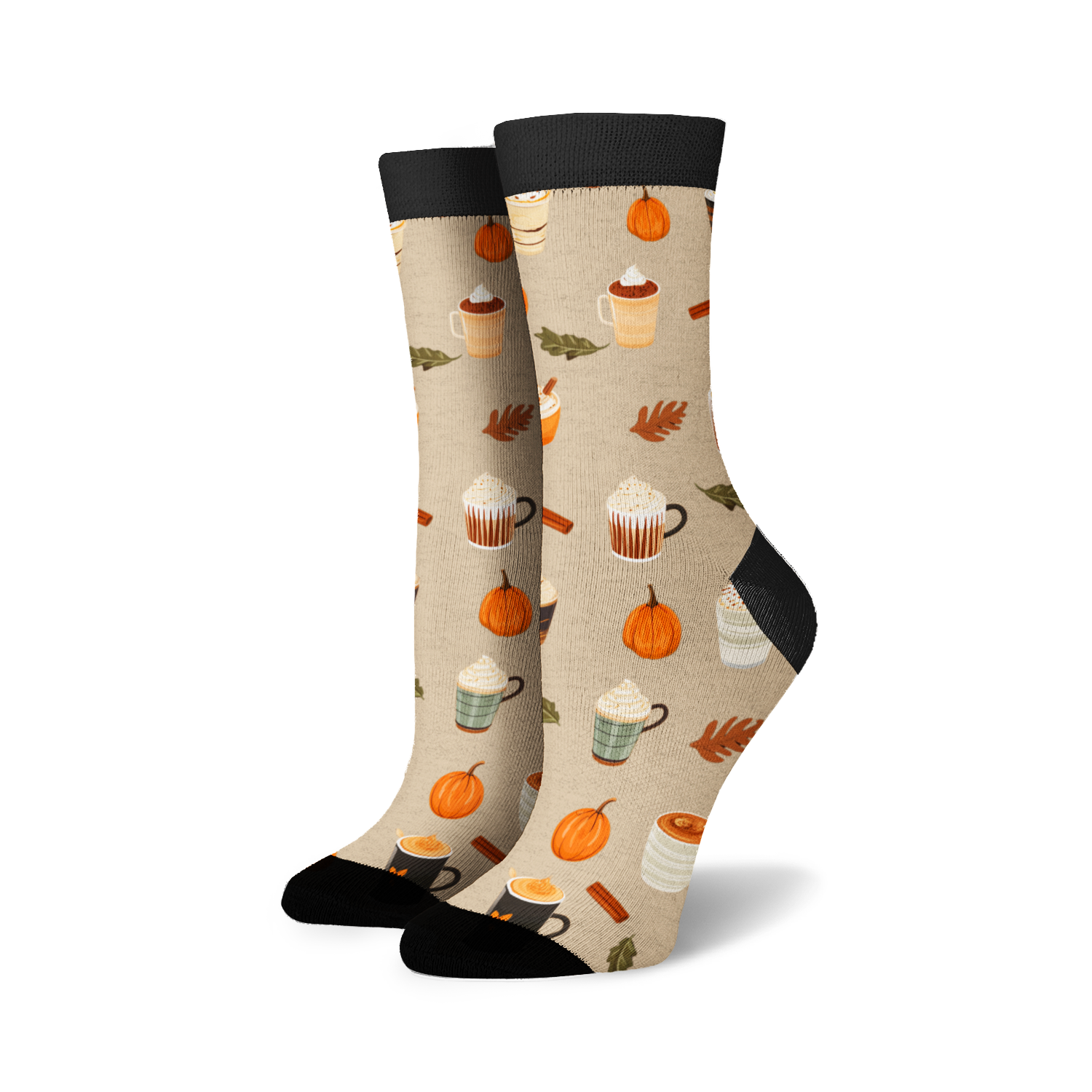 Pair of cream crew socks with a repeating pattern of pumpkins, coffee cups, and cinnamon sticks. Black cuffs.