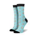 Pair of crew socks in pastel blue with a repeating pattern of illustrated capybaras in the water.