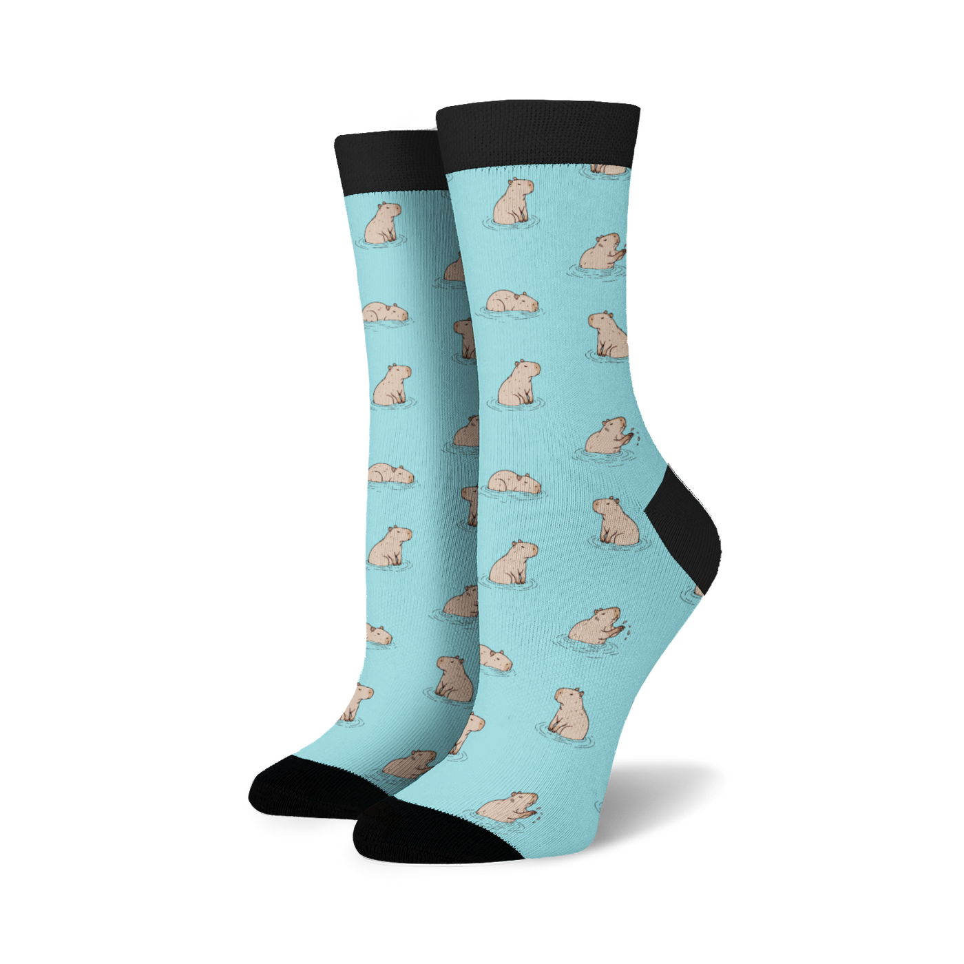 Pair of crew socks in pastel blue with a repeating pattern of illustrated capybaras in the water.