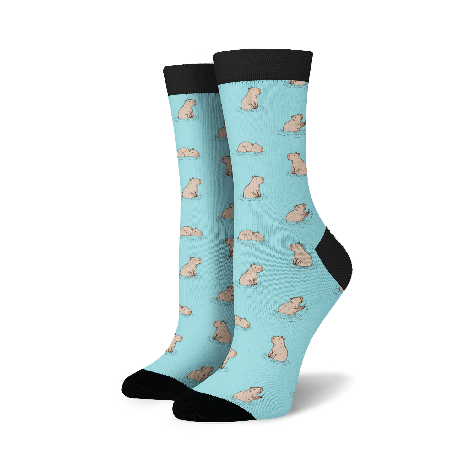 Pair of crew socks in pastel blue with a repeating pattern of illustrated capybaras in the water.