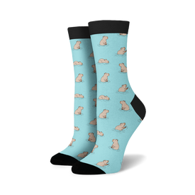 blue capybara socks with a swimming capybara pattern for men and women.  
