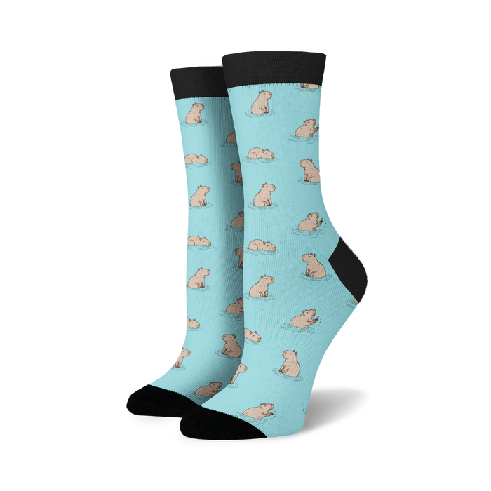 blue capybara socks with a swimming capybara pattern for men and women.   }}