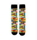 Flatlay showcasing two Brick Toys socks, highlighting the colorful Lego-inspired design.