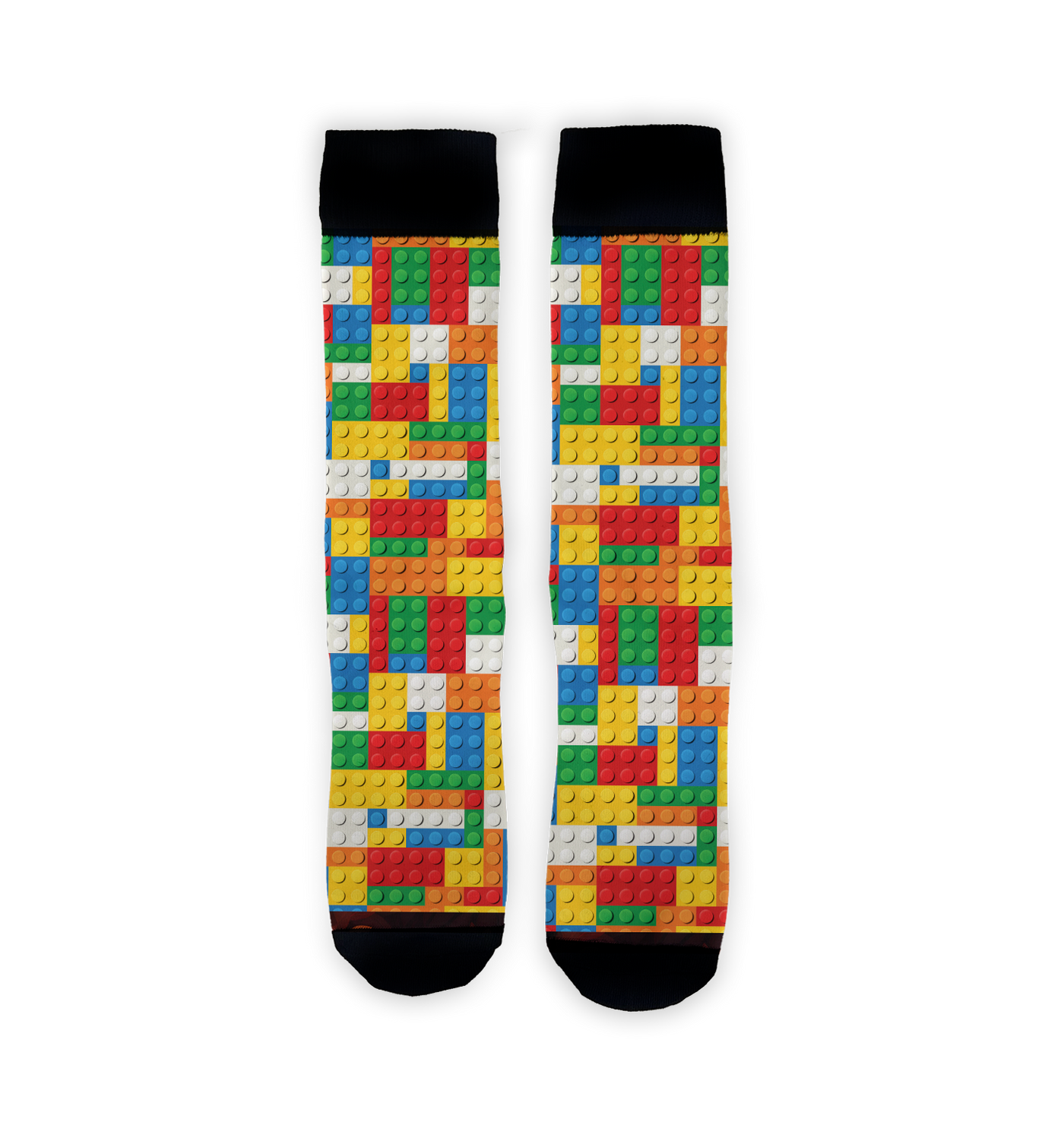 Flatlay showcasing two Brick Toys socks, highlighting the colorful Lego-inspired design.