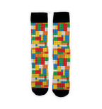 Flatlay showcasing two Brick Toys socks, highlighting the colorful Lego-inspired design.