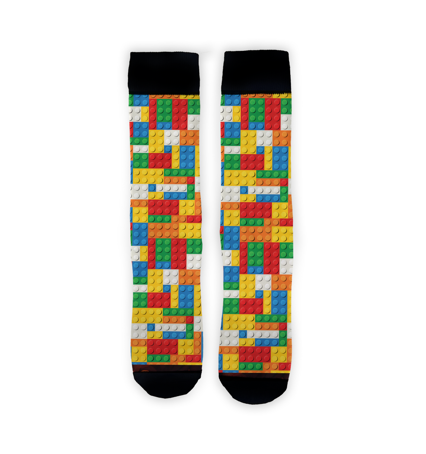 Flatlay showcasing two Brick Toys socks, highlighting the colorful Lego-inspired design.