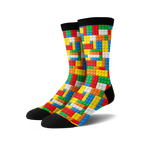Pair of crew socks with a Lego-inspired design.  The socks are predominantly red, yellow, blue, and white, with a black cuff.