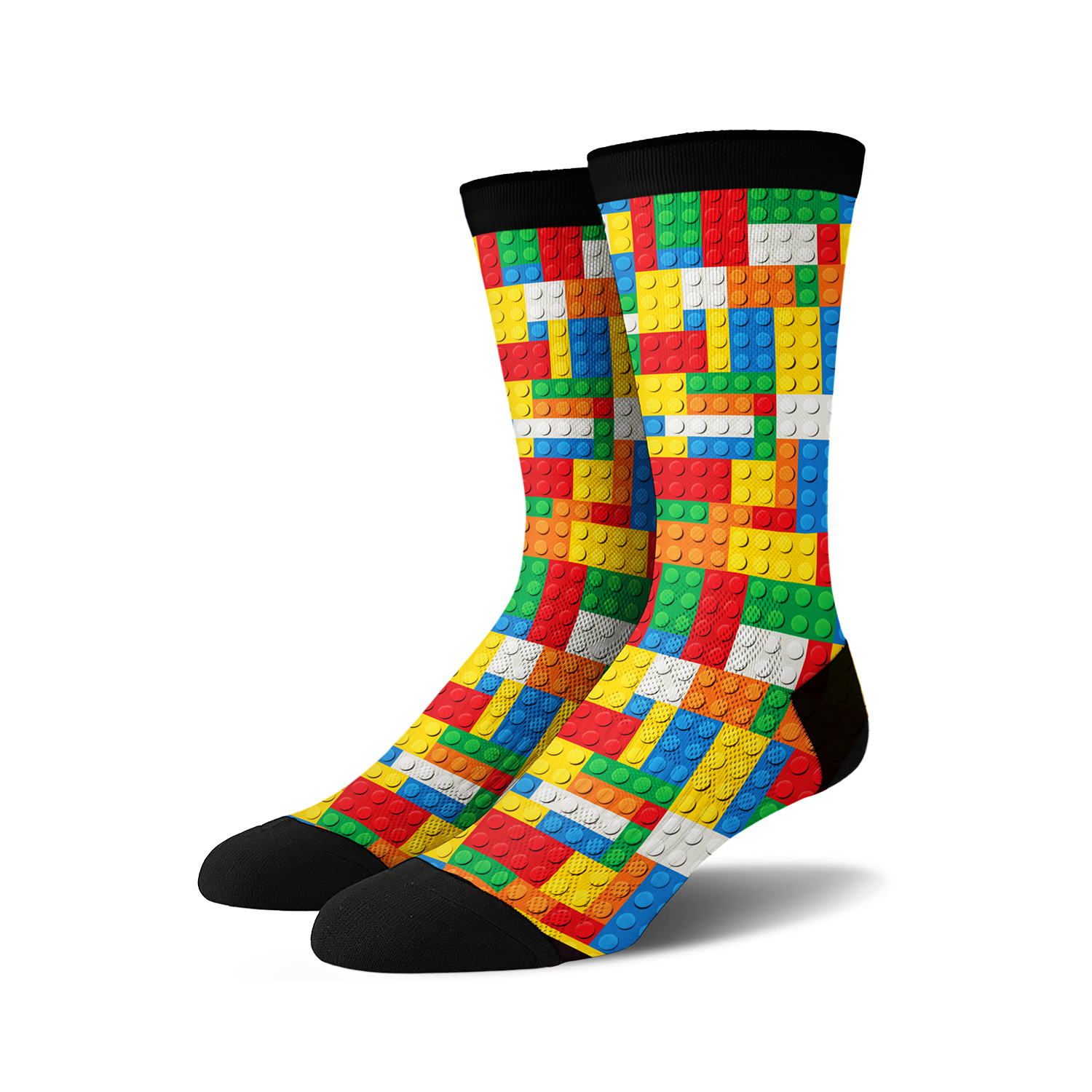Pair of crew socks with a Lego-inspired design.  The socks are predominantly red, yellow, blue, and white, with a black cuff.