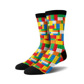 colorful crew socks for men and women featuring playful interlocking bricks.   
