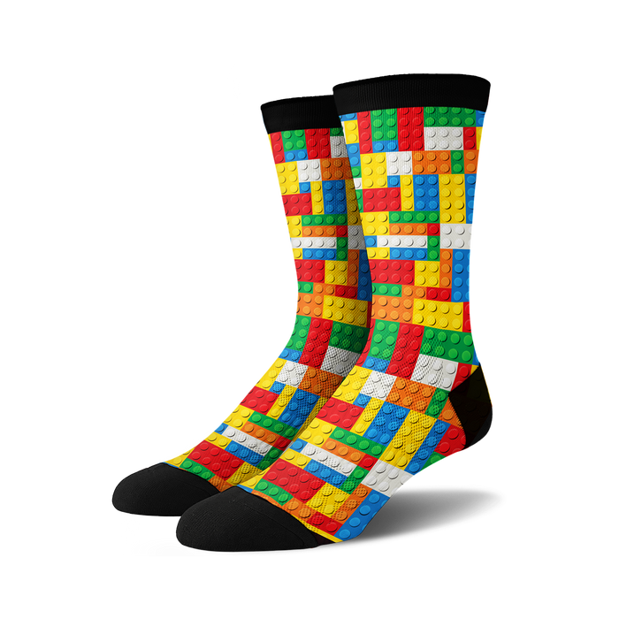 colorful crew socks for men and women featuring playful interlocking bricks.   