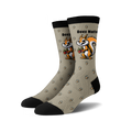 Pair of taupe crew socks featuring a cartoon squirrel holding acorns and the phrase 'Deez Nuts'.  Acorn pattern repeats on the sock.