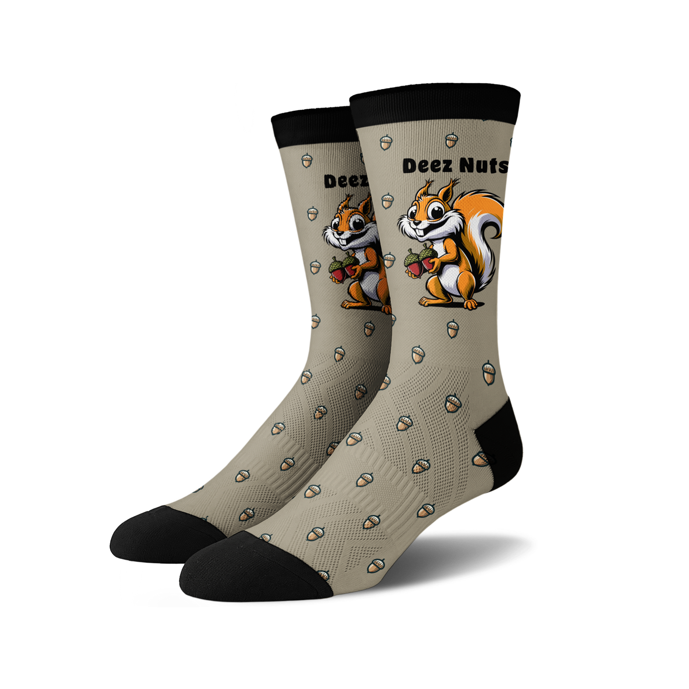 Pair of taupe crew socks featuring a cartoon squirrel holding acorns and the phrase 'Deez Nuts'.  Acorn pattern repeats on the sock.
