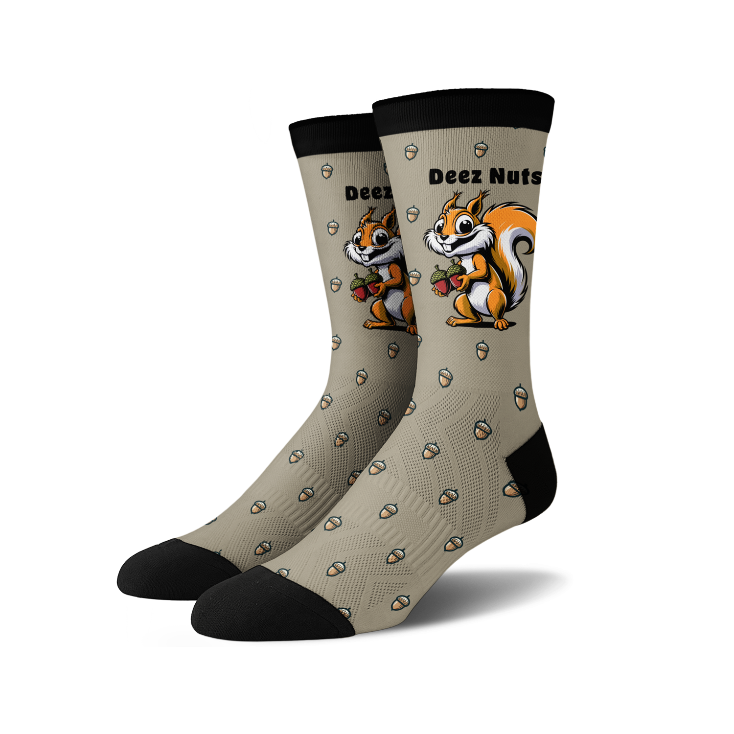 Pair of taupe crew socks featuring a cartoon squirrel holding acorns and the phrase 'Deez Nuts'.  Acorn pattern repeats on the sock.