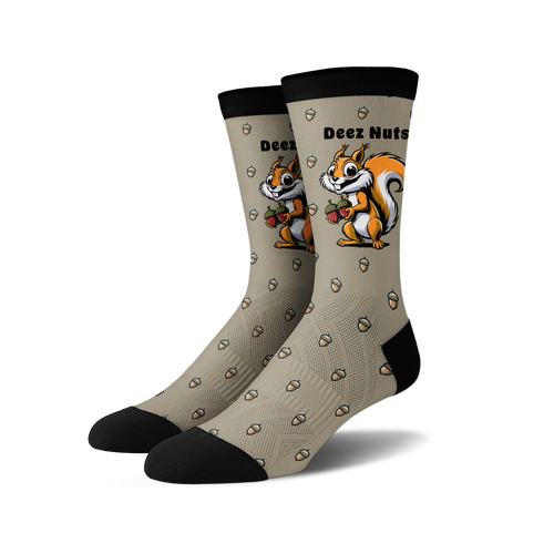 Pair of taupe crew socks featuring a cartoon squirrel holding acorns and the phrase 'Deez Nuts'.  Acorn pattern repeats on the sock.