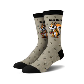 beige crew socks with brown acorn pattern and cartoon squirrel. for men and women.  